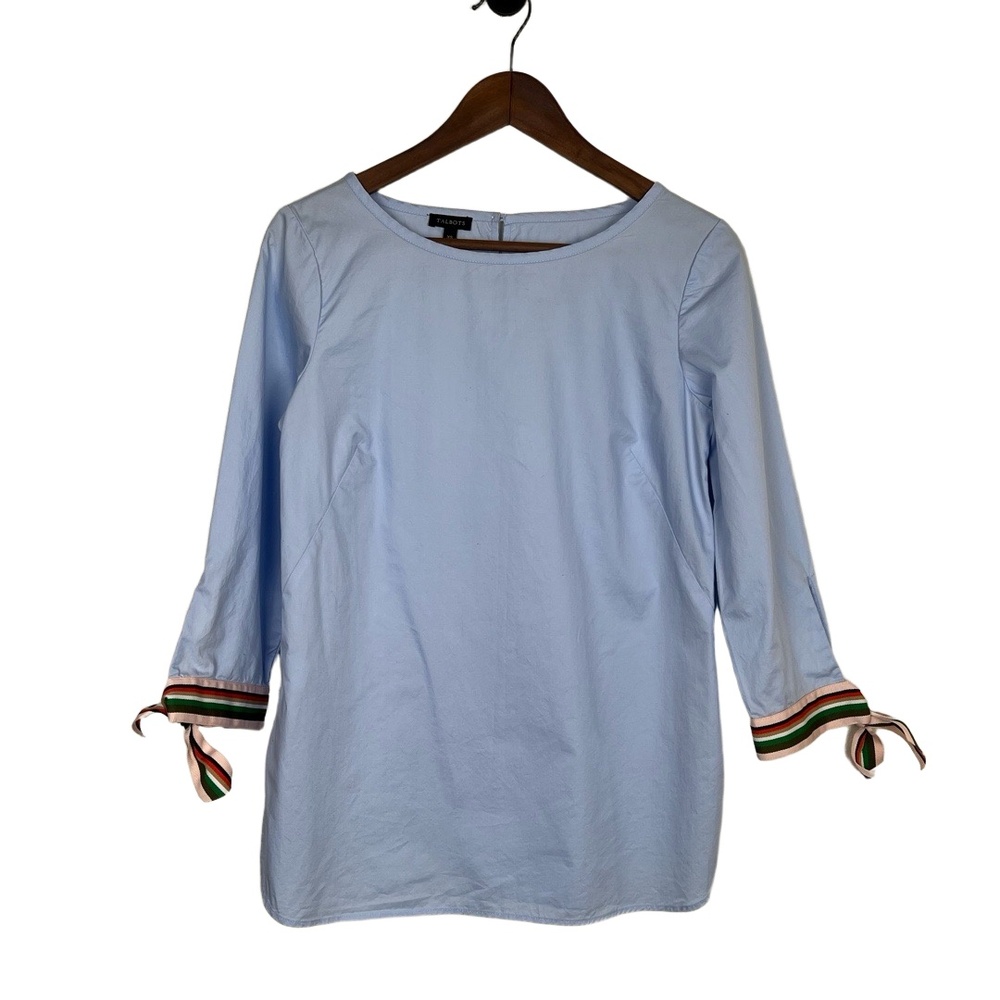 Talbots‎ Womens Tunic Size XS Light Blue Multicolor Ribbon Cuff Preppy Coastal